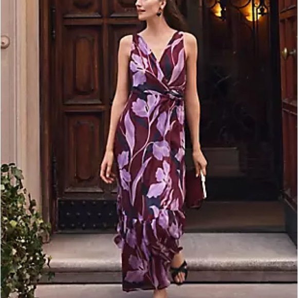 Ann Taylor Plum Floral Wrap Maxi Dress with Lavender Blooms - Picture 3 of 14